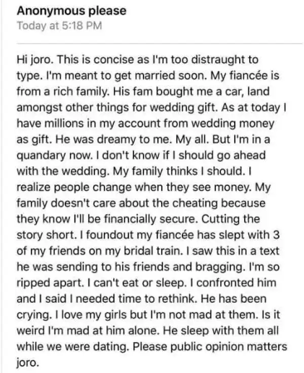 He Has Slept with Three of My Bridesmaids Prior to Our Wedding... Can I Still Marry Him? - Confused Lady